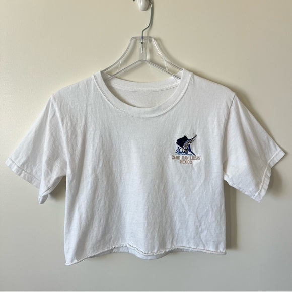 Cabo San Lucas Mexico White Embroidered Cropped T-shirt Shirt Top - Picture 1 of 4